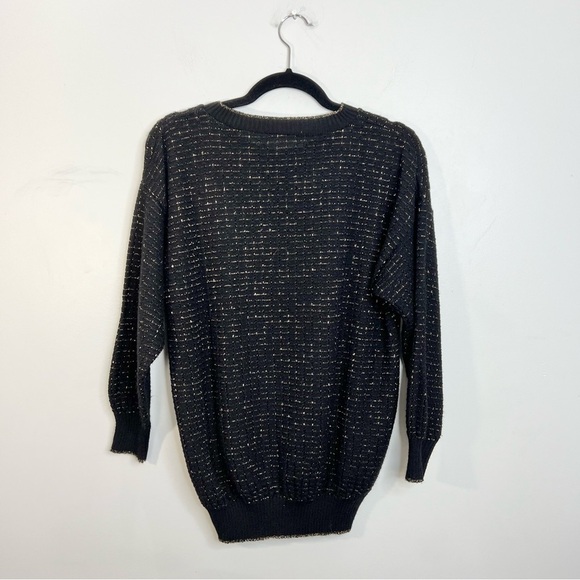 Vintage black shimmery metallic gold embroidered satin leaf applique sweater - Picture 4 of 9